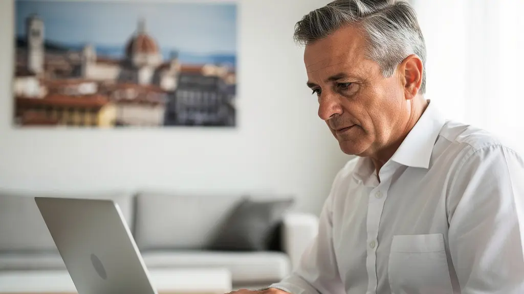 Professionista europeo consulta valutazione immobiliare su laptop in appartamento svizzero moderno