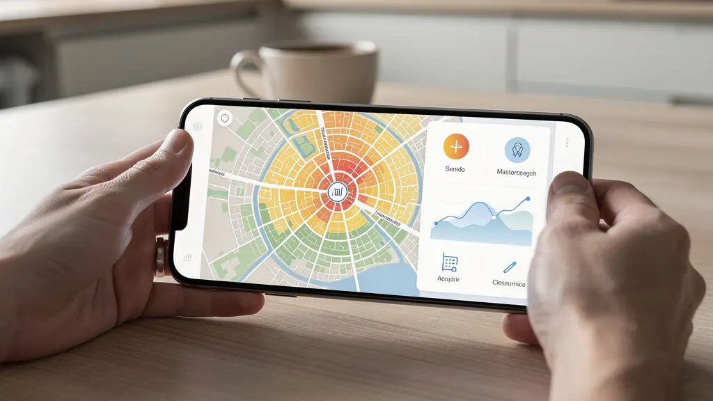 Smartphone su tavolo mostra interfaccia RealAdvisor con mappa e grafico valutazione immobile Italia